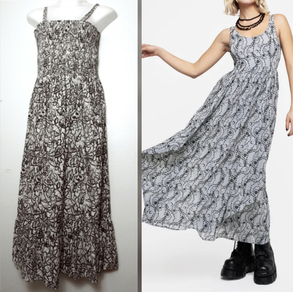 Fashion Bug Whimsigoth Vtg Y2K Floral Strap Tiered Smocked Maxi Dress 1X Black